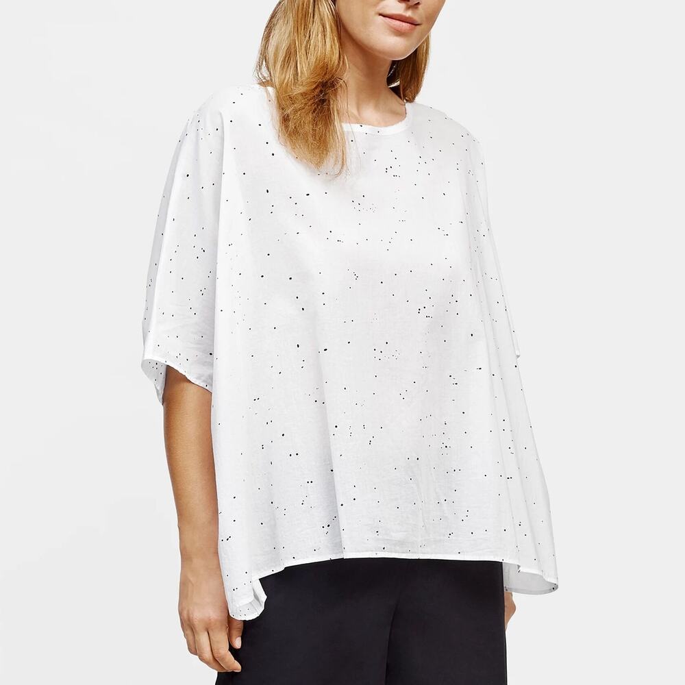 Eileen Fisher Organic Cotton Voile Box Tunic S/M White Black Splatter